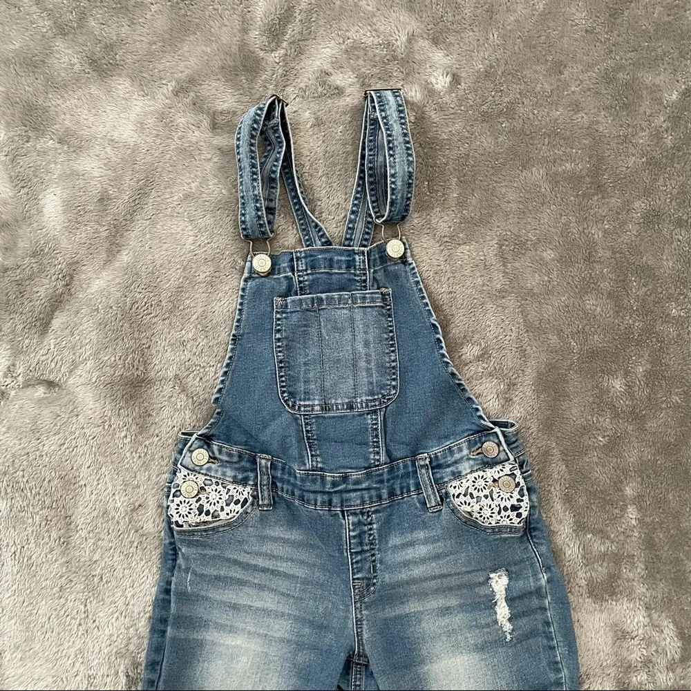 Justice Distressed Ripped Super Skinny Overall Pants Lace Pocket Girl’s Size 12